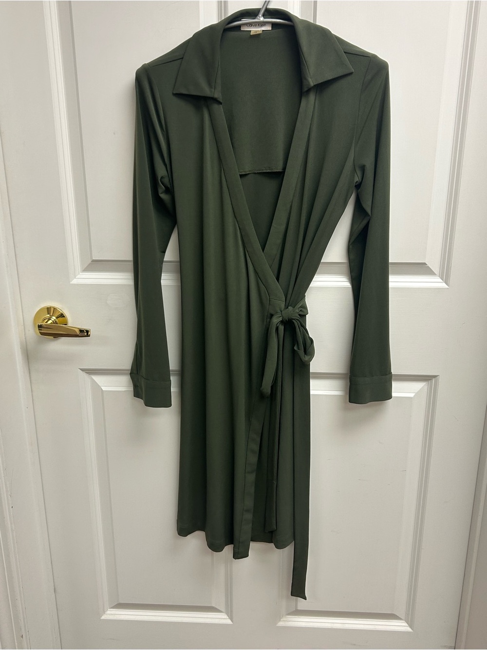 Calvin Klein Olive Green Long-sleeve Mini Wrap Dress Size Medium - Picture 2 of 3